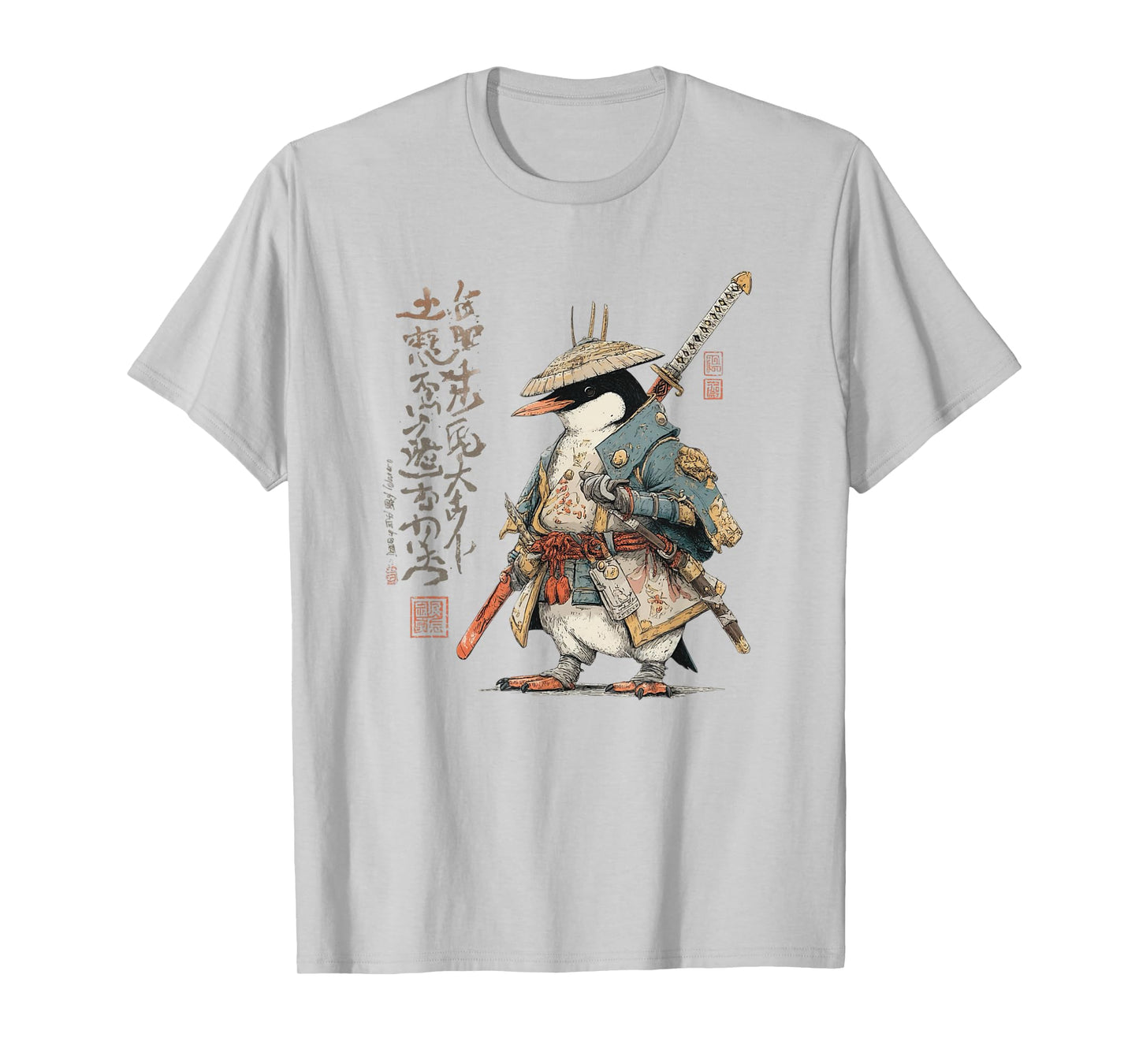 Japanese Woodblock Art Penguin Samurai Animal T-Shirt