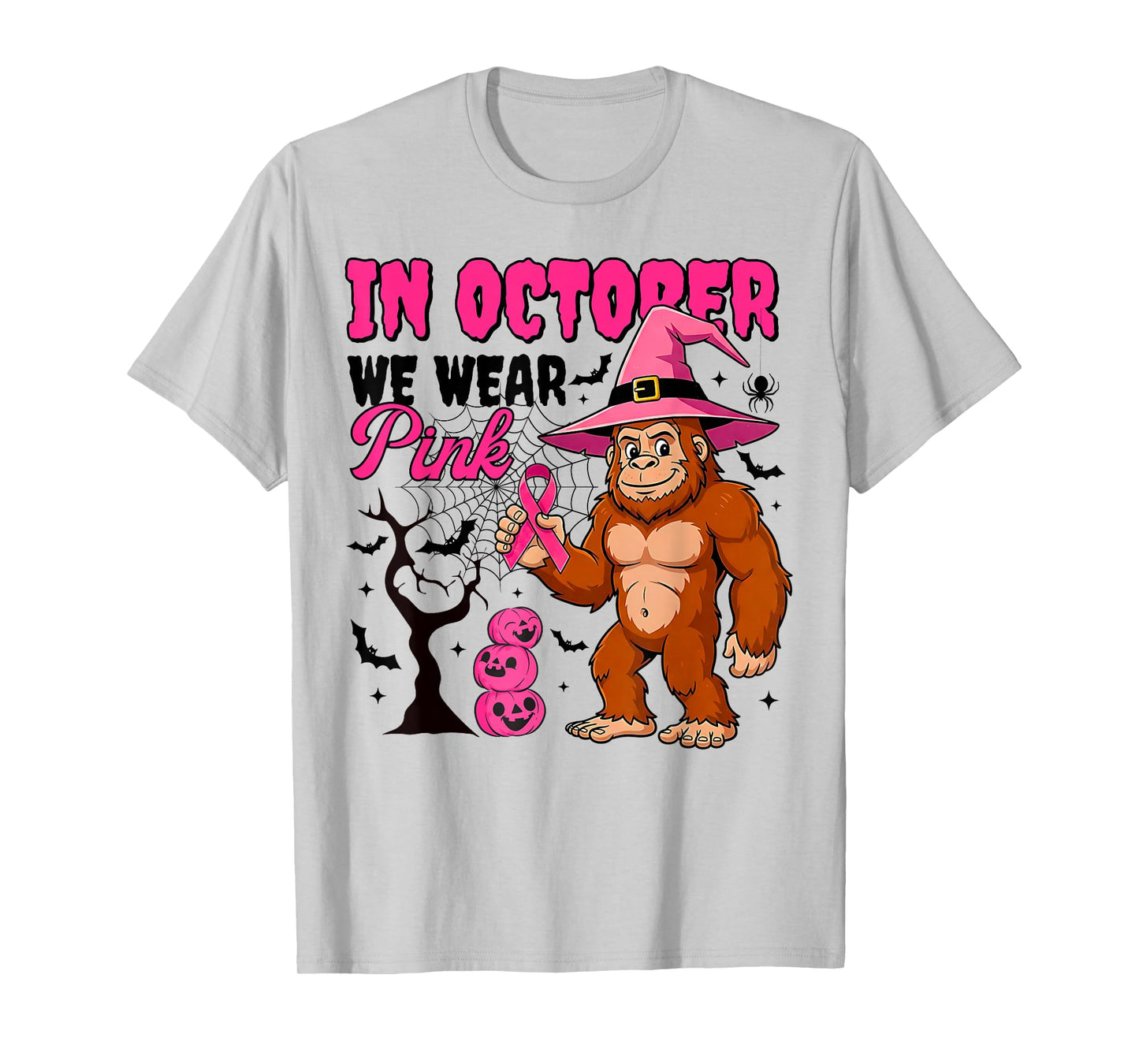 in October We Wear Pink Breast Cancer Awareness Bigfoot T-Shirt