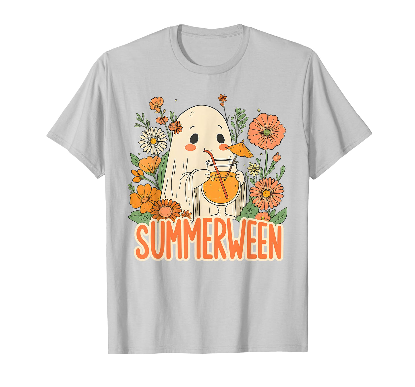 Retro Summerween Ghost Boho Floral Summer Halloween Cocktail T-Shirt