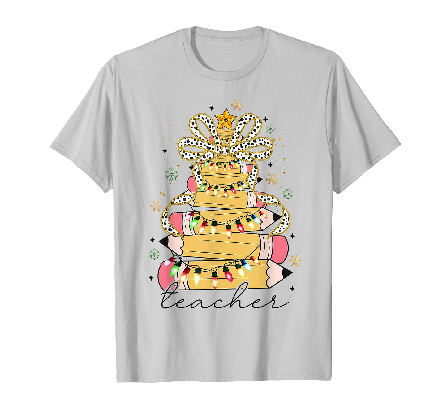 Teacher Crayon Christmas Tree Lights Student School Xmas T-Shirt