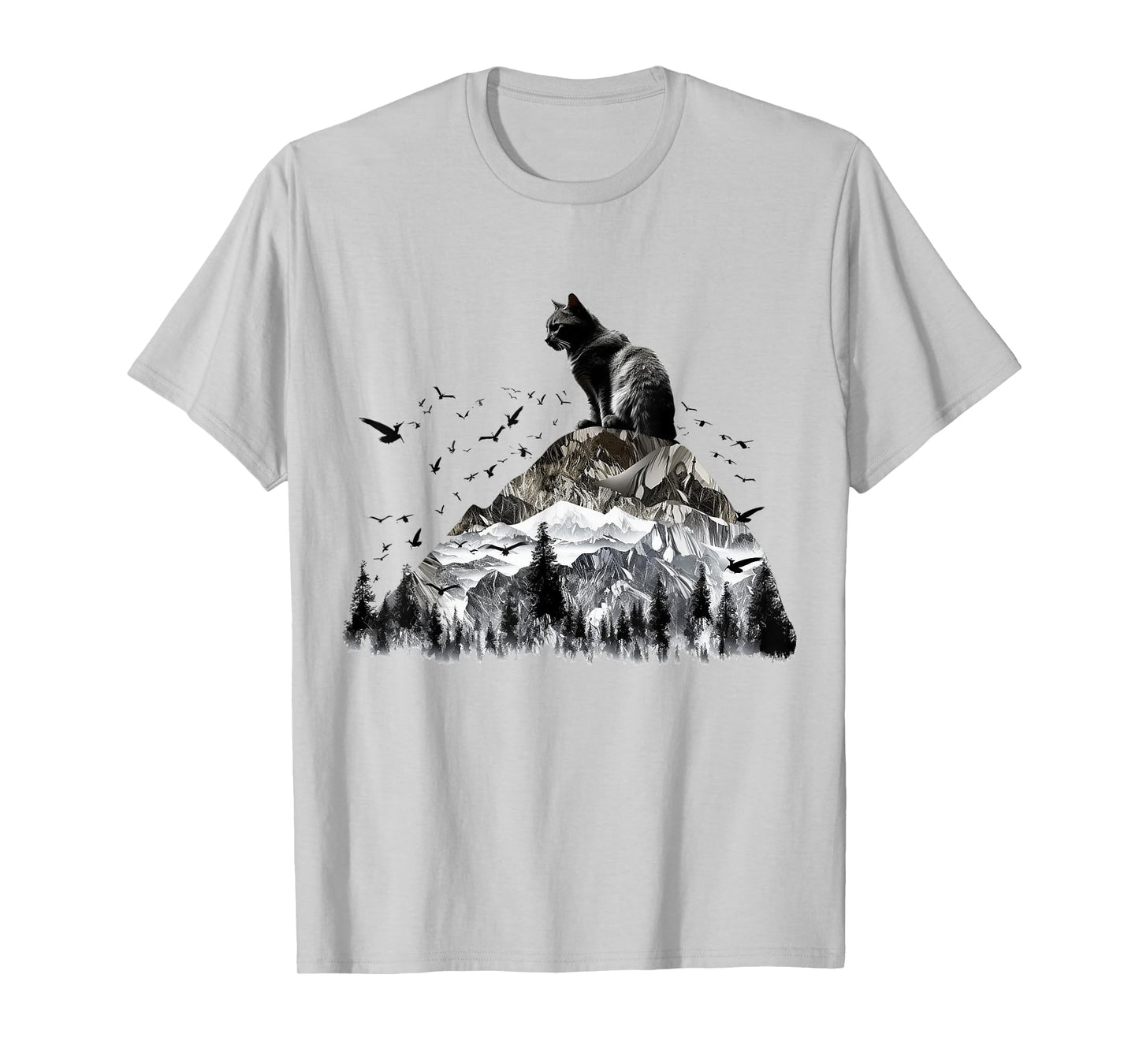 Cat Mountains Bird Artwork | Animal Motif Cat T-Shirt