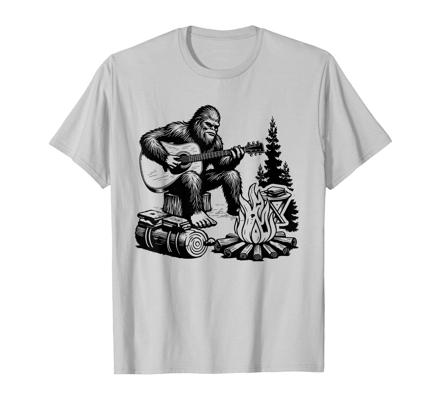 Bigfoot Camping Smore Rock Bigfoot Playing Guitar Campfire T-Shirt