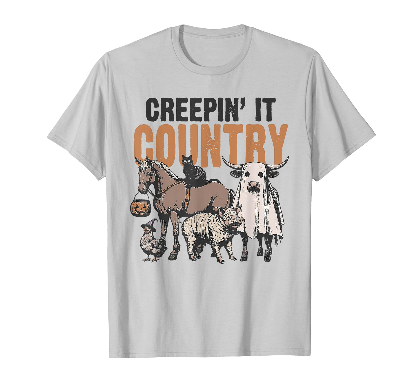 Creepin' It Country Halloween Farm Animal Cow Black Cat Pig T-Shirt