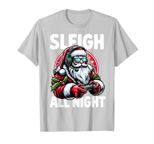 Christmas Gamer Boys Sleigh All Night Video Game Santa Xmas T-Shirt