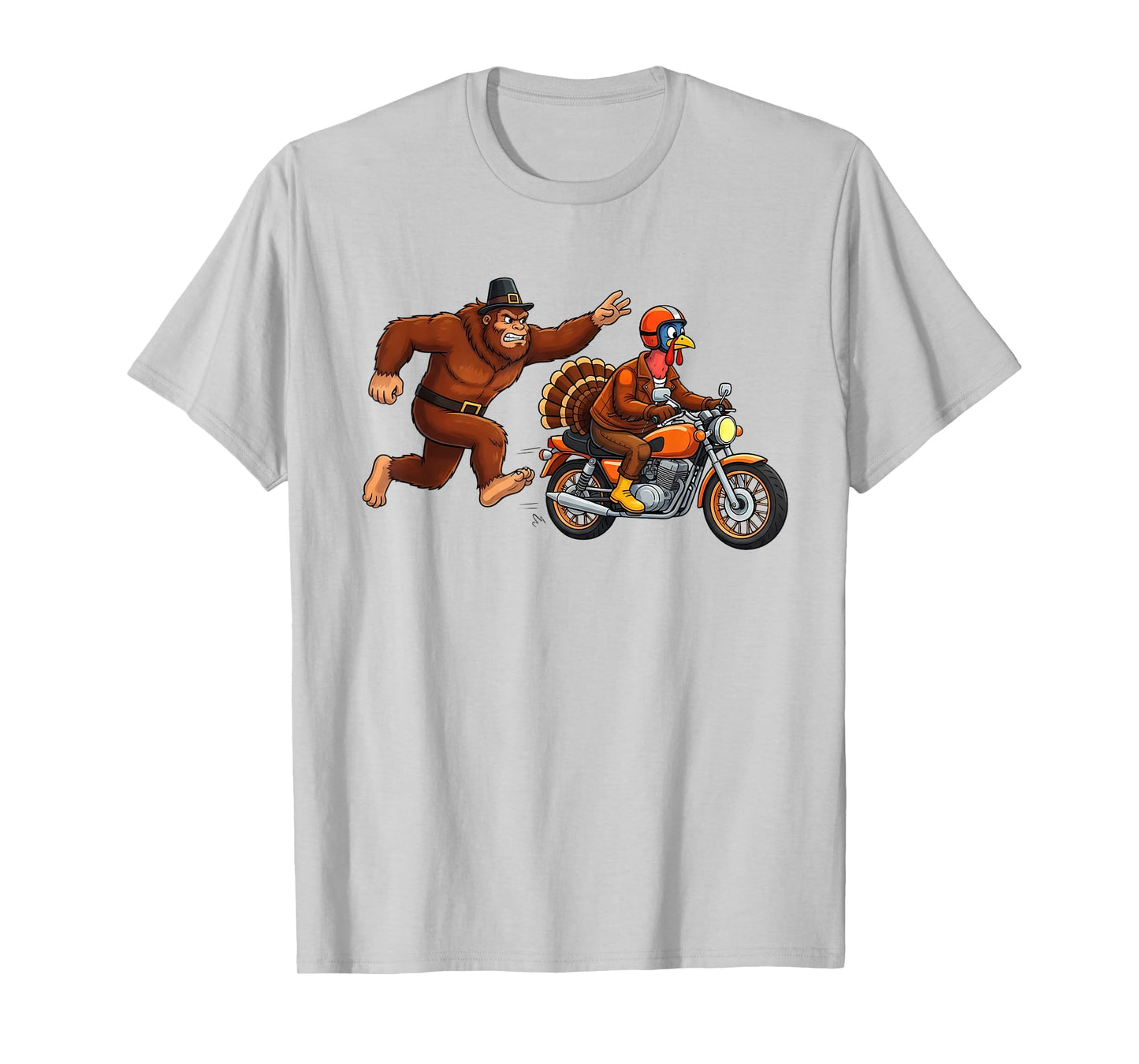 Funny Thanksgiving Turkey Motorcycle Bigfoot Chase Humor T-Shirt