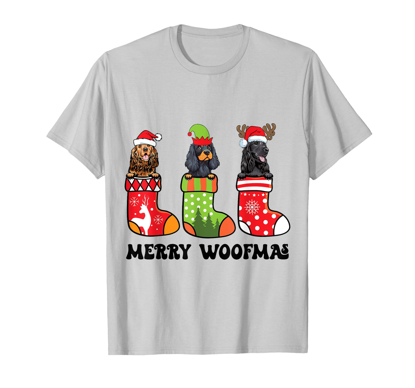 Cocker Spaniel Dogs With Reindeer Santa On Christmas Sock T-Shirt