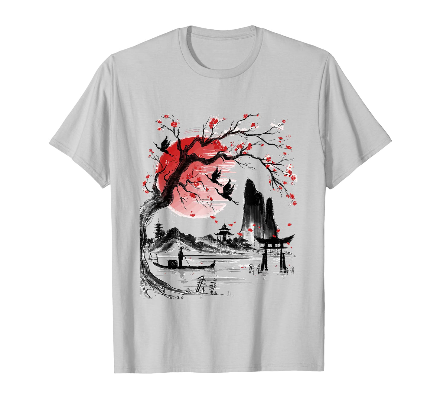 Japanese Tree Red Moon With Birds Flying in background T-Shirt