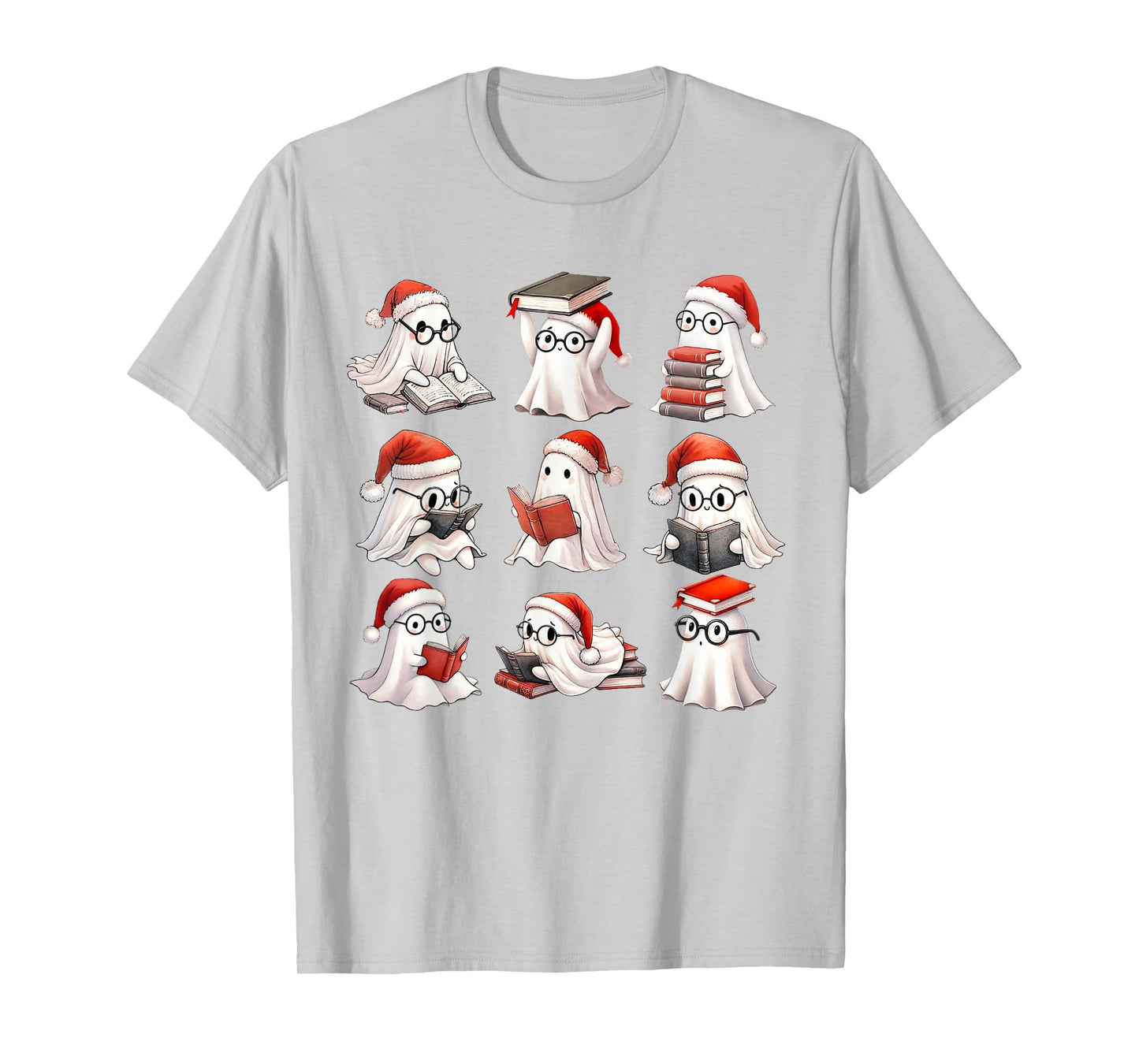 Christmas Ghost Reading Book Lovers Spooky Ghost Santa Hat T-Shirt