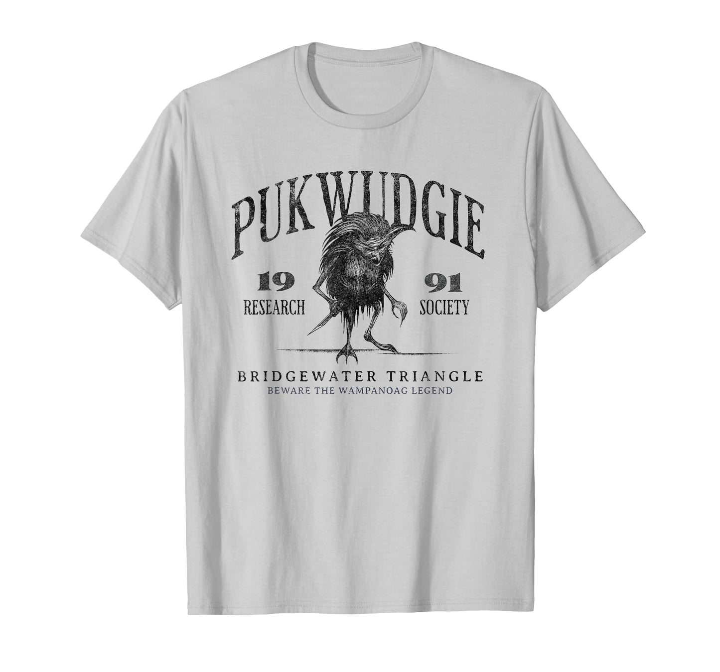 Awesome Cryptid Tees Pukwudgie Research Society Est 1991 Bridgewater Triangle Unisex-Adults Grey T-Shirt