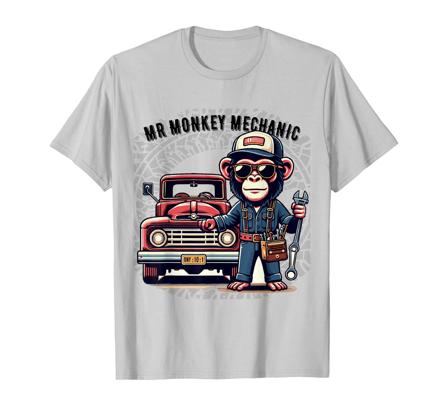 Mr Cute Monkey Mechanic Sunglasses Working on Vintage Truck T-Shirt