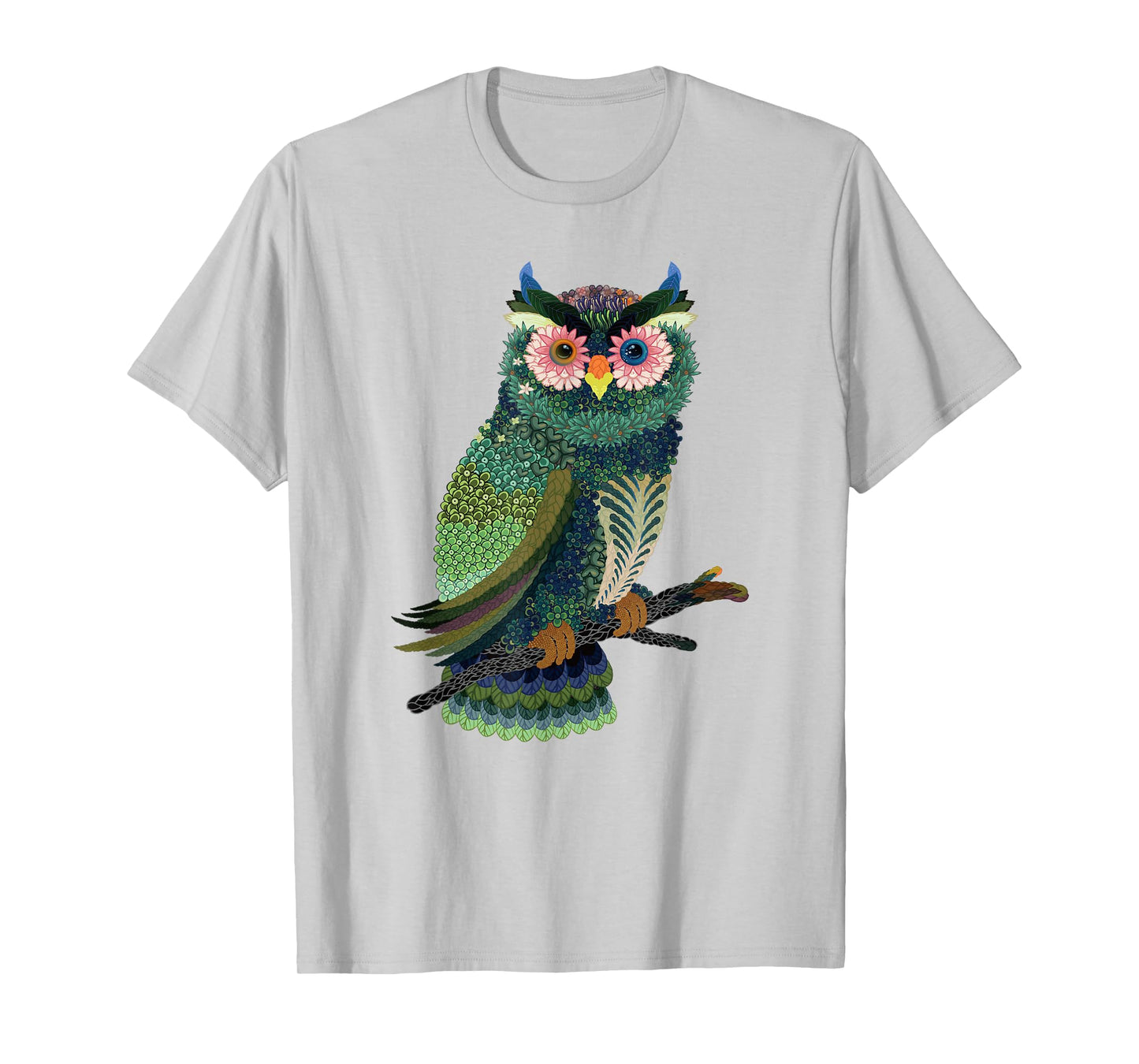 Owl T-Shirt Floral Folk Art Asian Design Visual Graphic Tee T-Shirt
