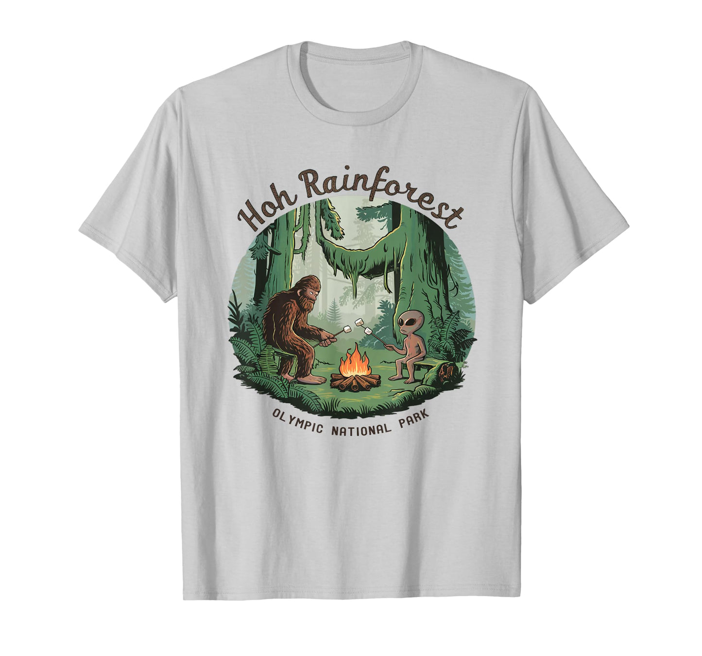 Funny Bigfoot & Alien Gifts And Shirts Bigfoot & Alien Camping Hoh Rainforest Olympic National Park Unisex-Adults Kids T-Shirt White Short Sleeve Classic Fit Cotton Blend Machine Wash Size Small