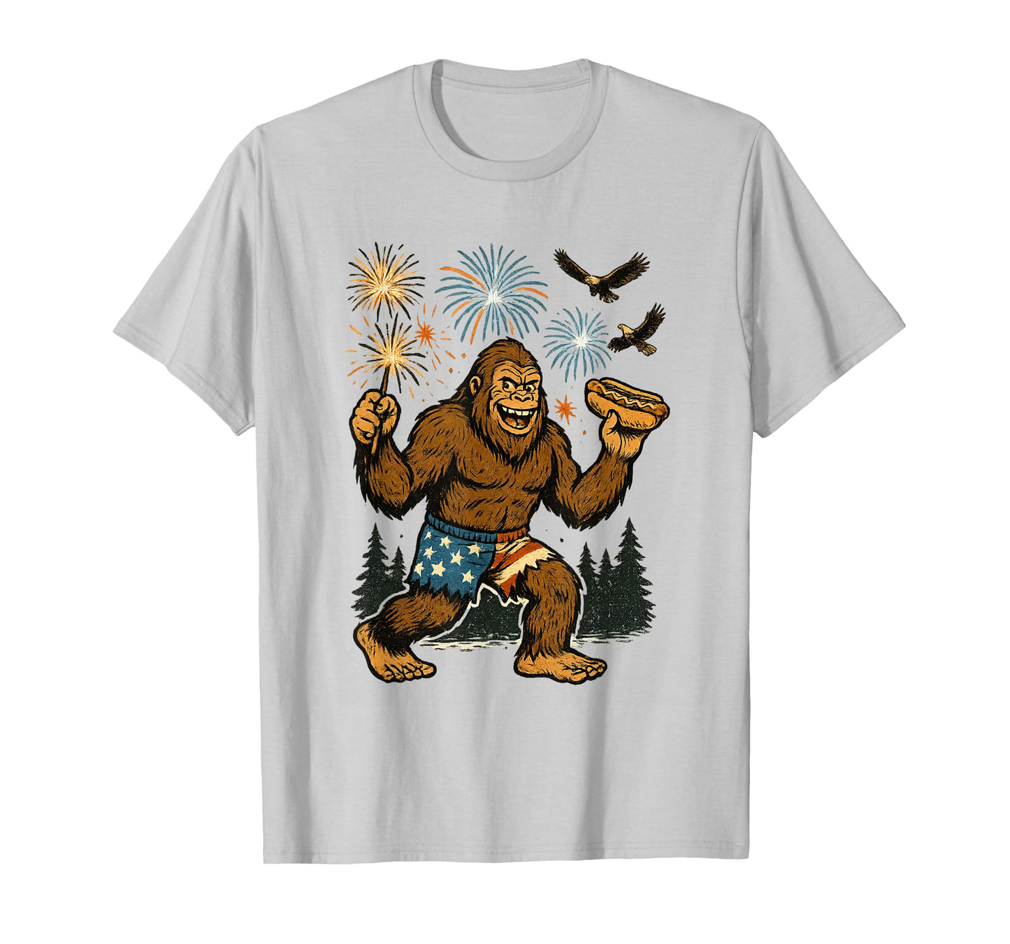 Bigfoot Fireworks 4th of July Men Sasquatch American US Flag T-Shirt