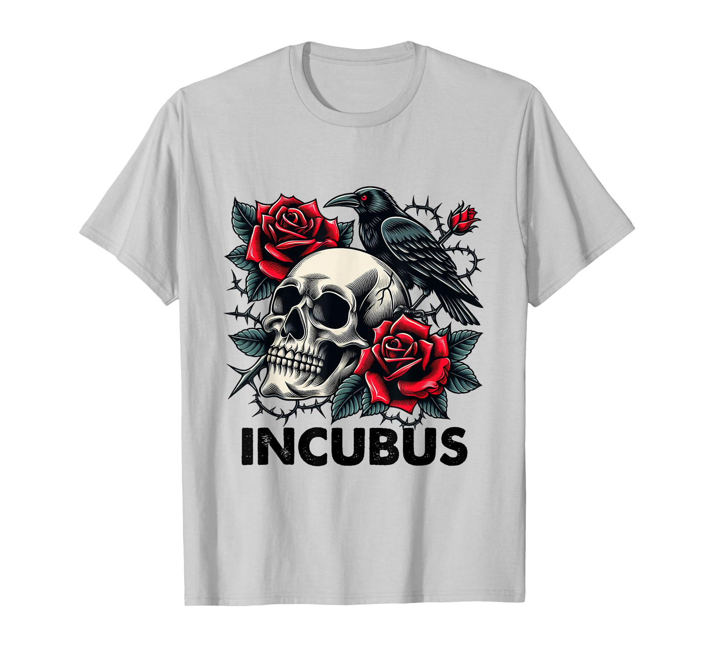 Retro Halloween Graphic Incubus-Crow Left Skull And Flower T-Shirt