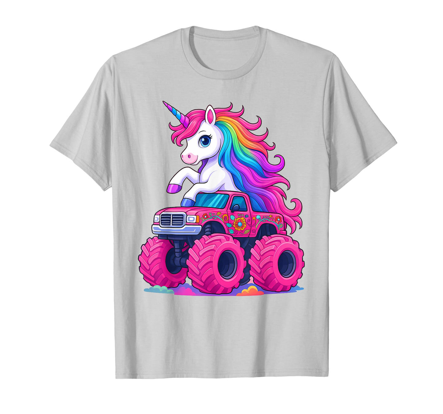 Cute Unicorn Riding A Pink Monster Truck Lover Birthday Kids T-Shirt