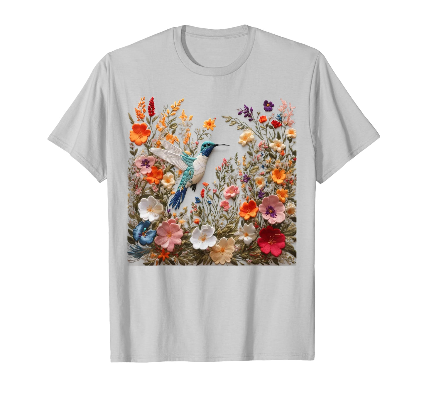 Embroidered Flower Hummingbird Floral Hummingbird in Bloom T-Shirt