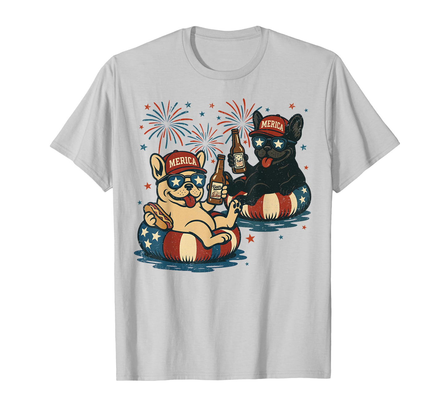 Retro Dogs With Beer, French Bulldog Adult 4th of July T-Shirt