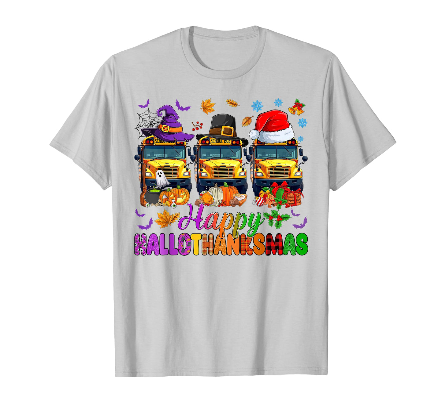 Happy Hallothanksmas School Bus Halloween Thanksgiving Xmas T-Shirt