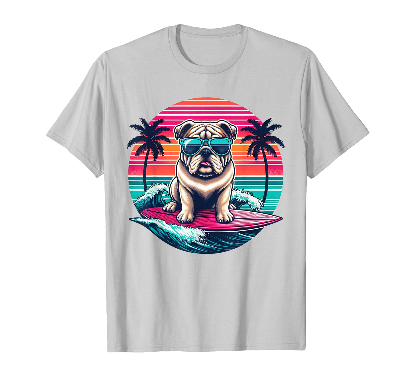 Surfing English Bulldog Retro Sunset Men Women Kids T-Shirt
