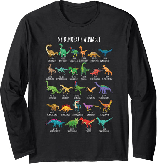 Types Of Dinosaurs Alphabet A-Z ABC Dino Identification Long Sleeve T-Shirt