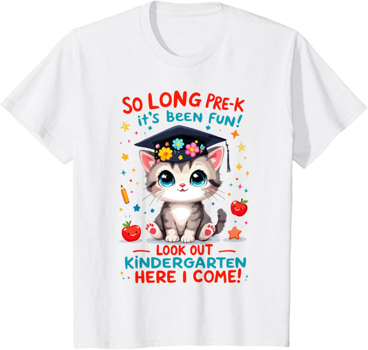 Kids Pre-K Graduation for Girls So Long PreK Graduates Cat T-Shirt