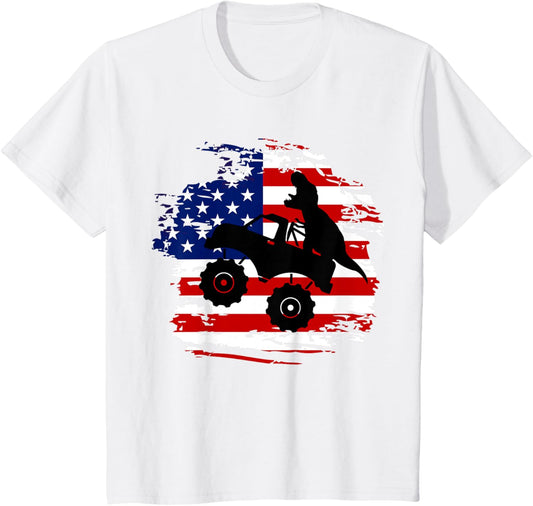 Kids Dinosaur 4th of July Monster Truck Toddler Boys US Flag T-Shirt