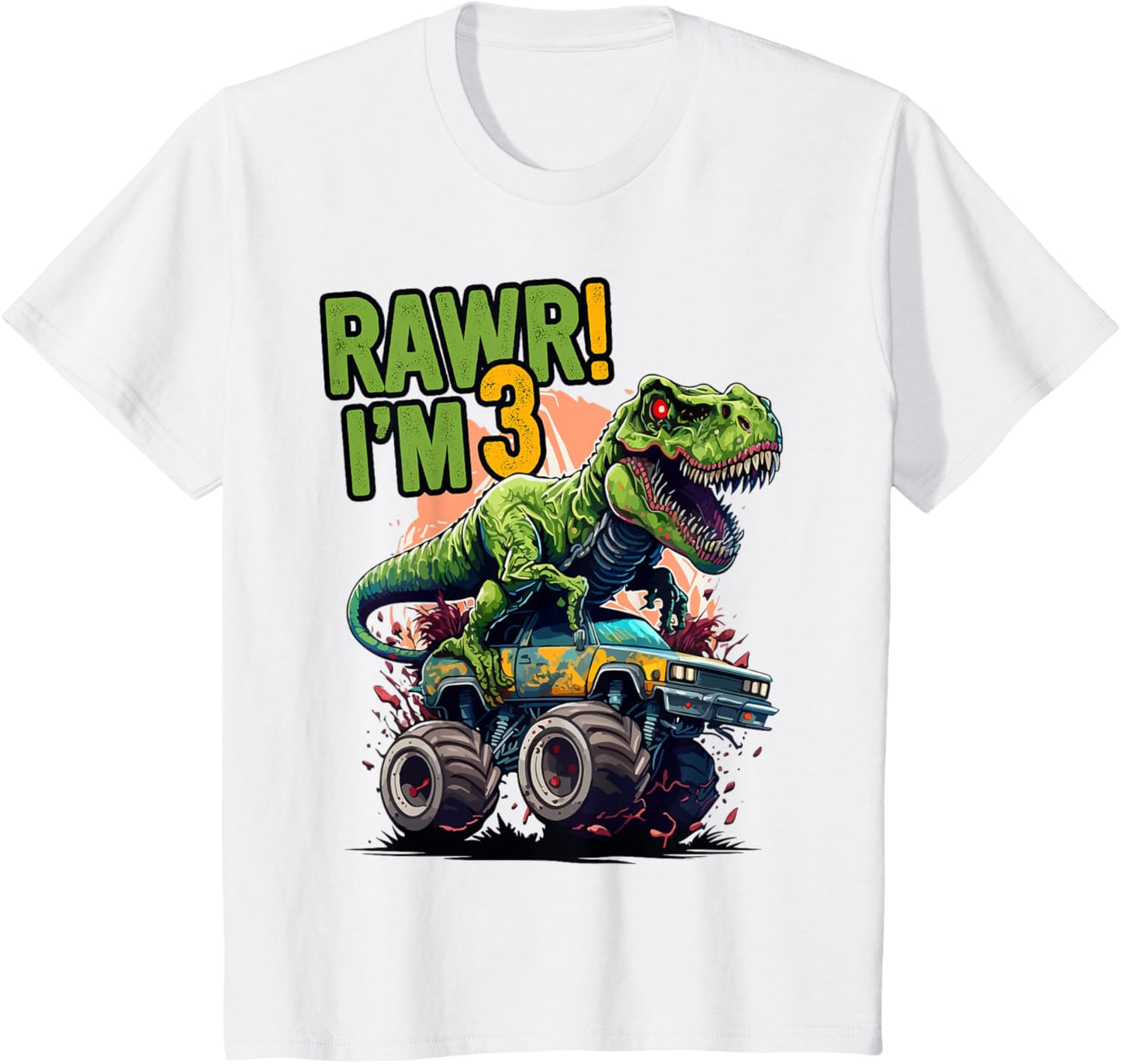 Kids Rawr I'm 3 T Rex 3rd birthday Boys Dinosaur Monster Truck T-Shirt