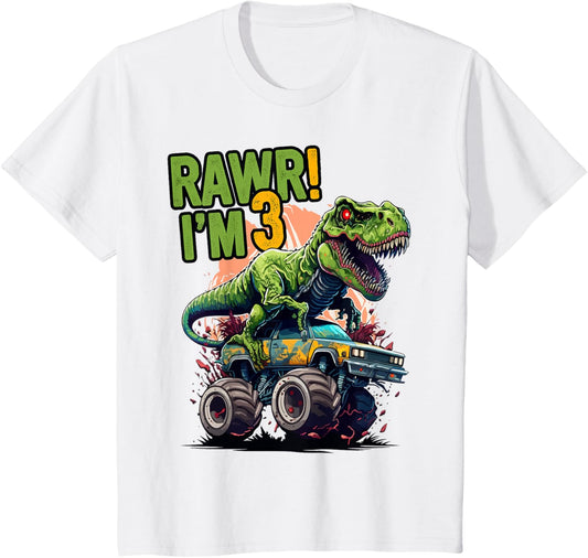 Kids Rawr I'm 3 T Rex 3rd birthday Boys Dinosaur Monster Truck T-Shirt