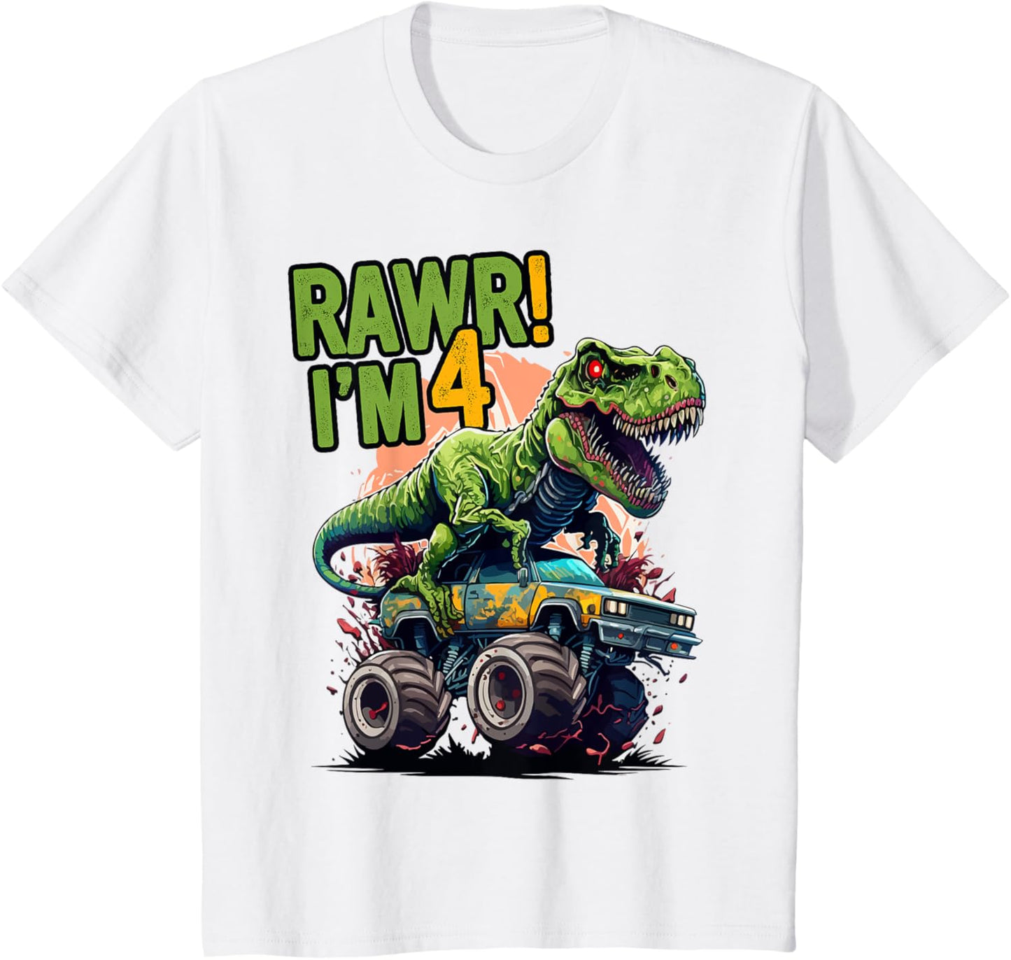 Kids Rawr I'm 4 T Rex 4th birthday Boys Dinosaur Monster Truck T-Shirt