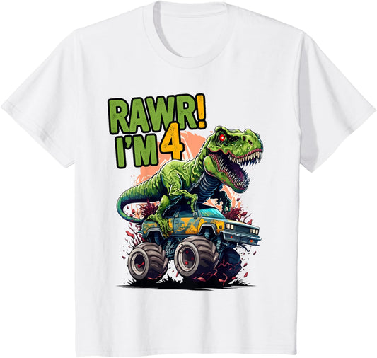 Kids Rawr I'm 4 T Rex 4th birthday Boys Dinosaur Monster Truck T-Shirt
