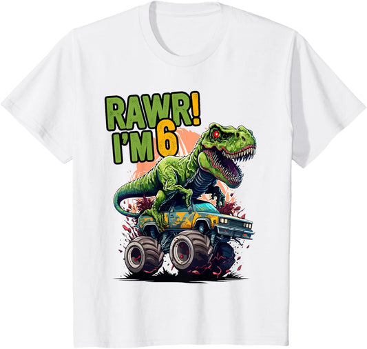 Kids Rawr I'm 6 T Rex 6th birthday Boys Dinosaur Monster Truck T-Shirt