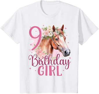 Kids 9th Birthday Horse Girl 9 Years Old Nine 9 Birthday Girl T-Shirt