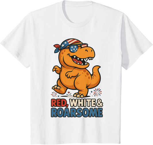 Kids Red White And Roarsome Dinosaur July 4th Boys American Flag T-Shirt