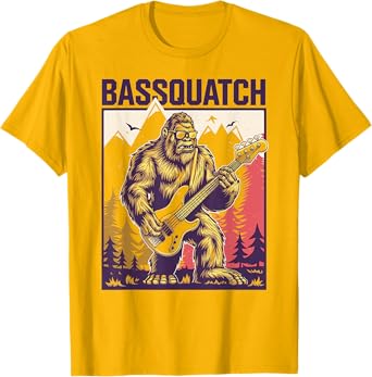 C.J.'s Cryptid Sasquatch Bigfoot Bass Guitar Gifts Bassquatch, Bigfoot Bass Guitar Sasquatch Adult Men's Yellow Cartoon Bigfoot Themed T-Shirt
