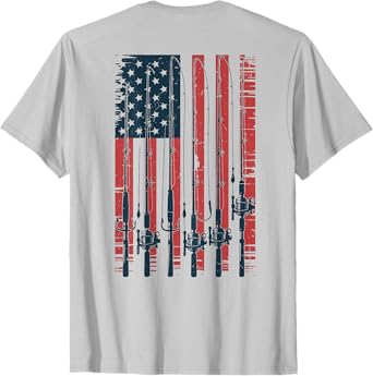 Youth Boy 4th July American Flag Fishing Pole On-Back Men's T-Shirt