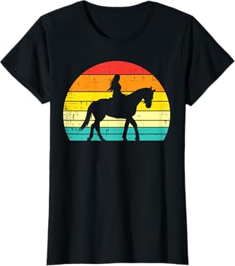 Girl Riding Horse Silhouette Sunset Retro Equestrian Women T-Shirt