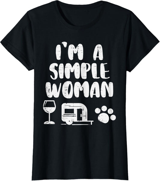 Simple Woman Wine Camping Van Paw Dog Cat Drinking Camper T-Shirt