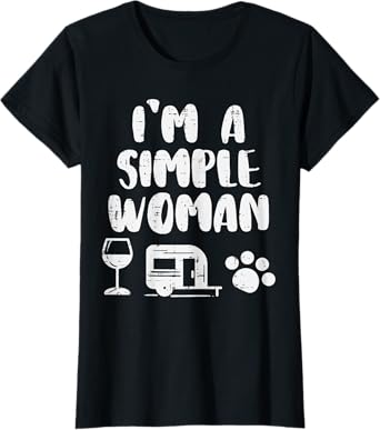 Simple Woman Wine Camping Van Paw Dog Cat Drinking Camper T-Shirt