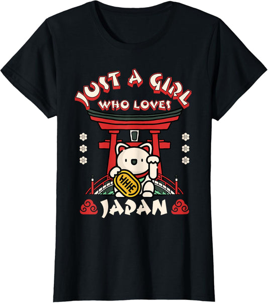 Just a Girl Who Loves Japan - Kawaii Cat & Sakura Torii Gate T-Shirt