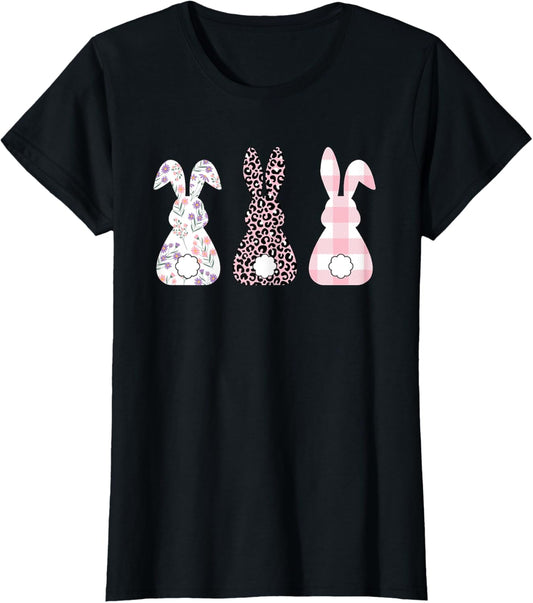 Cute Pink Leopard Plaid Flower Happy Easter Bunny Rabbit T-Shirt
