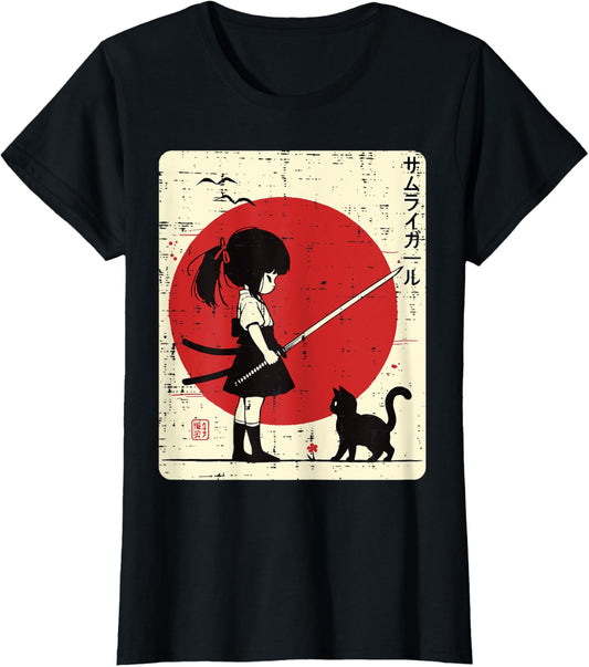Japanese Samurai Girl Black Cat Kawaii Anime Girls Kid Women T-Shirt