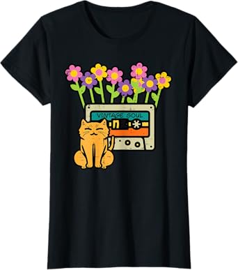 Cat Casette Tape Vintage Soul Flowers Retro Mom Women Girls T-Shirt