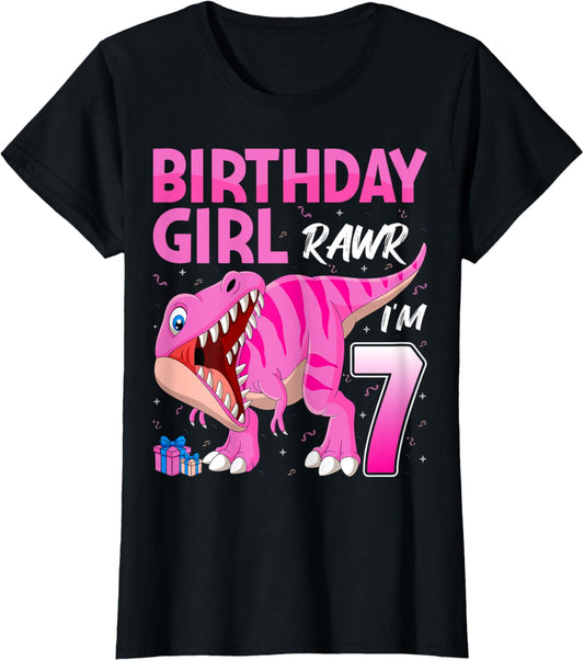 Birthday Girl Rawr I'm 7 Dinosaur T-Rex 7th Birthday Party T-Shirt