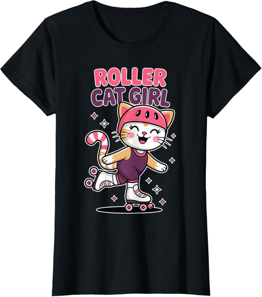 Roller Cat Girl Skating Cat Funny Roller Skating T-Shirt