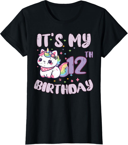Its My 12th Birthday Unicorn Cat 12 Year Old Bday Girls Kids T-Shirt