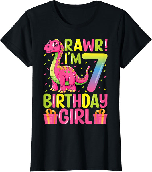 Rawr I'm 7 Birthday Girl Dinosaur T-Rex 7th Birthday Party T-Shirt