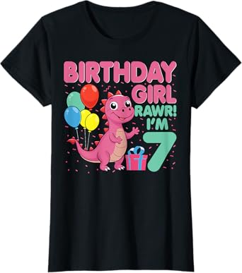 Birthday Girl Rawr I’m 7 Cute Dino Dinosaur 7th Birthday T-Shirt