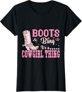 Funny Cowgirl Boots and Bling Graphic Women Girls Cowgirl T-Shirt