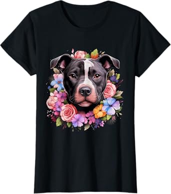 Pitbull Mom Floral Dog Lover Vintage Flowers Cute Women Kids T-Shirt