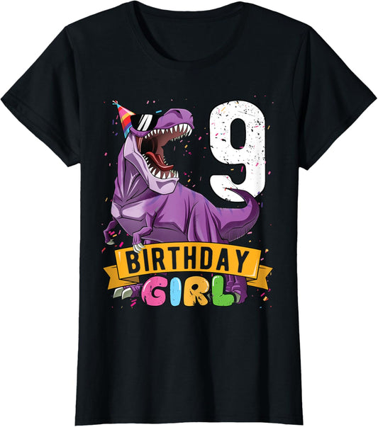9th Birthday Shirt Birthday Girl T Rex Kids 9 Year Old T-Shirt